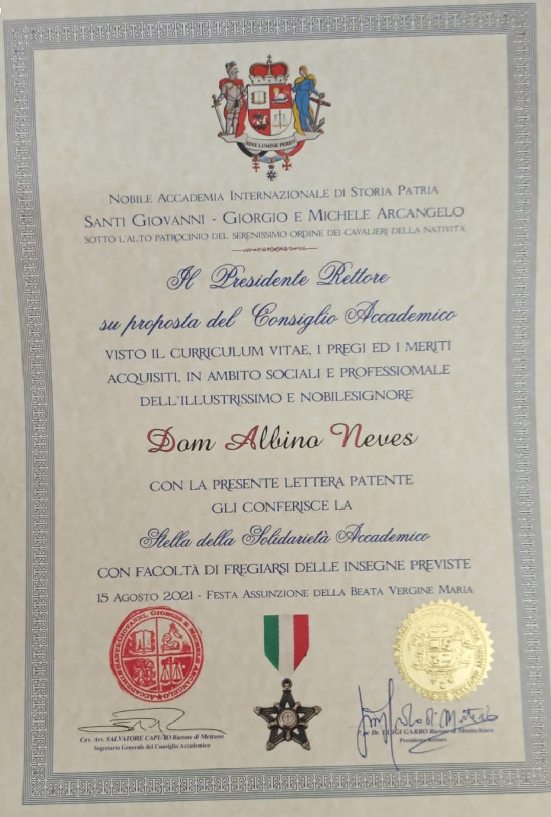 Documento: Stella della Solidarietà Accademico
