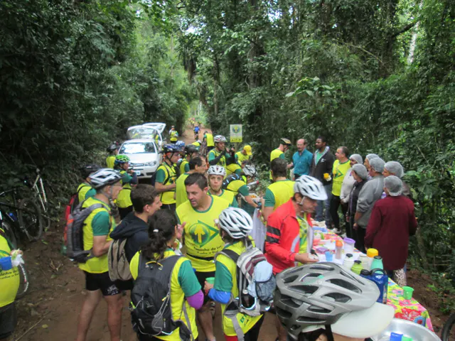 Grupo de caminhantes e ciclistas em um trecho de mata