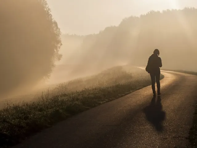 Caminhante em uma estrada iluminada entre a névoa